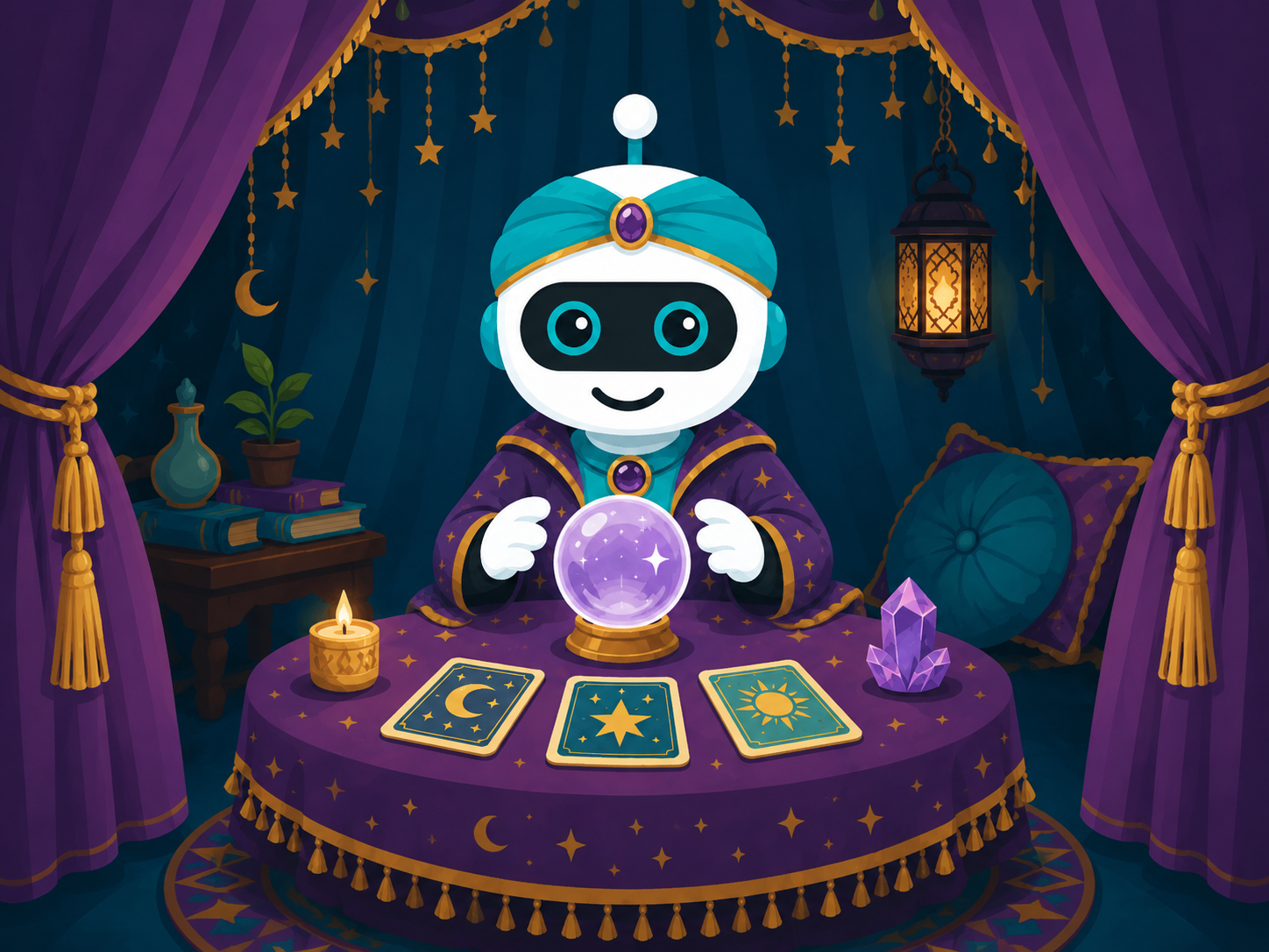 A playful robot fortune teller holding a crystal ball
