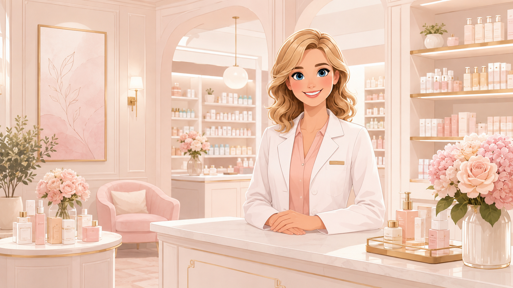 Illustrated Debbie's Pharmacy assistant welcoming customers